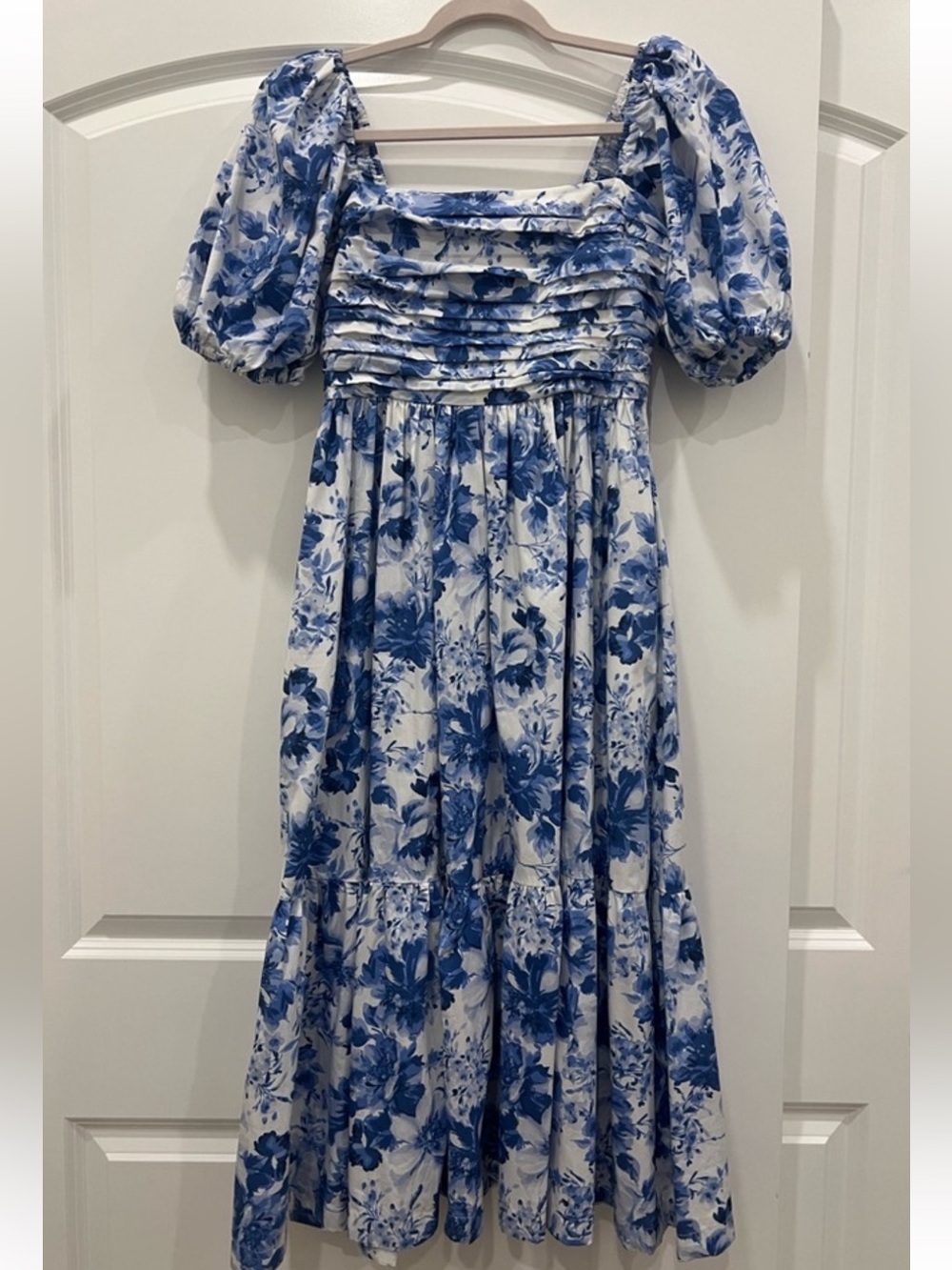 Abercrombie & Fitch White Midi/Maxi Dress with Blue Floral Print